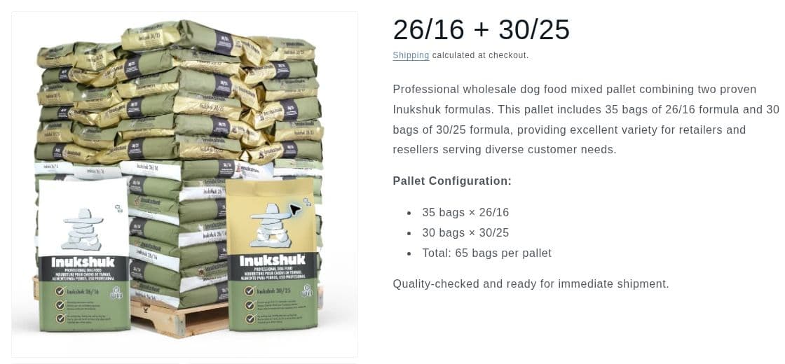 Inukshuk mixed-pallet product page showing pet food formulas and pallet quantities
