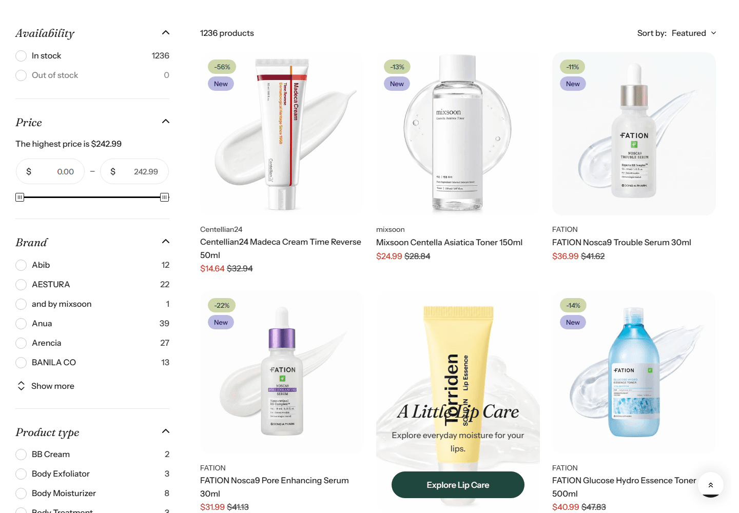 Sensitint catalog with skincare categories, filters and products