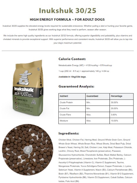 Inukshuk 30/25 formula page with bag shot, kibble close-up, guaranteed analysis table and full ingredient list