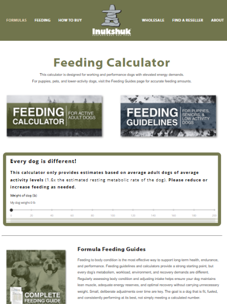 Inukshuk Feeding Calculator page with a dog weight slider and cards linking to feeding guidelines