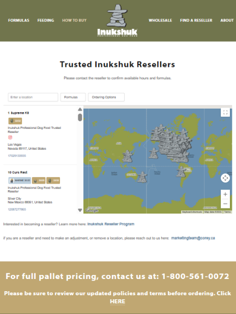 Trusted Inukshuk Resellers page: searchable reseller list beside a world map of clustered store pins
