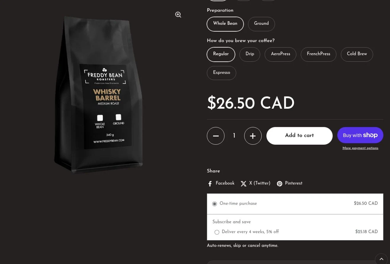 Freddy Bean recurring coffee delivery options with subscription frequency and purchase controls
