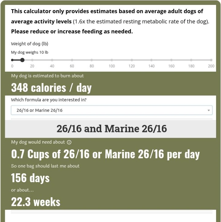 Inukshuk feeding calculator showing weight and formula inputs with daily feeding and bag-duration results