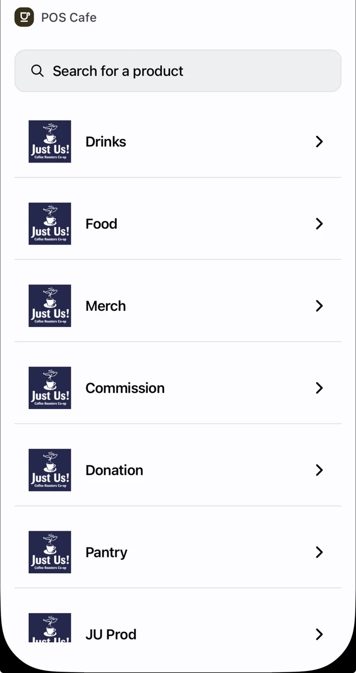 Shopify POS Cafe home with search and category rows for Drinks, Food, Merch, Commission, Donation, Pantry and JU Prod