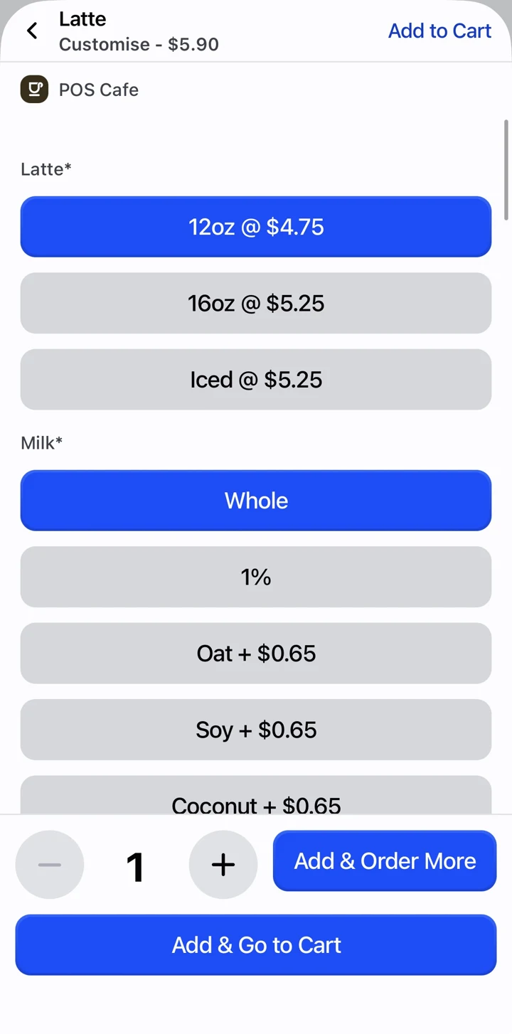 Shopify POS latte build with size and milk choices, quantity controls and Add to Cart