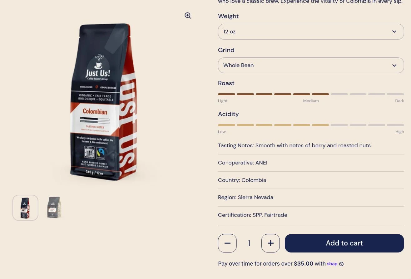 Just Us Colombian coffee page with roast and acidity indicators, origin details and purchase controls