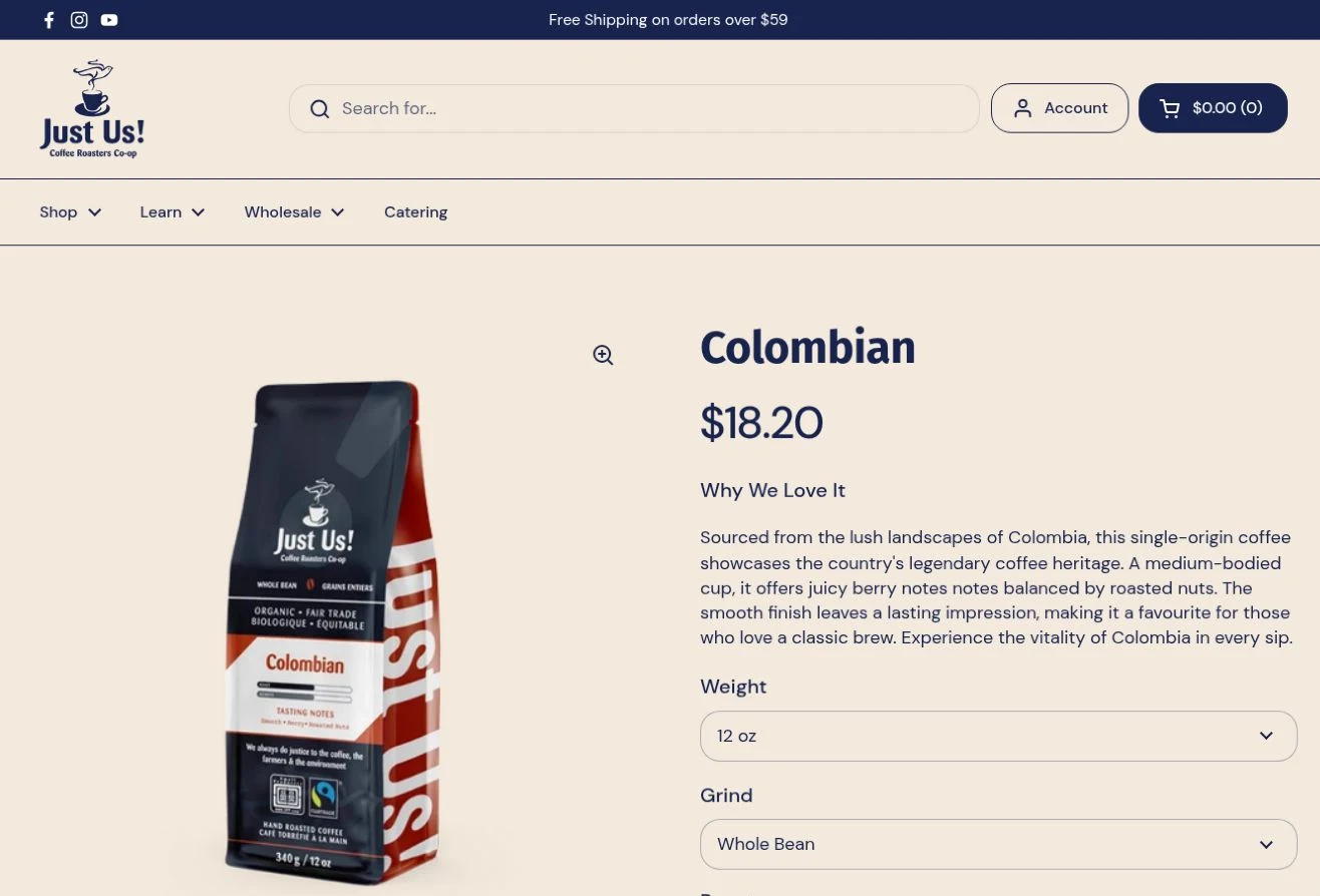 Just Us Colombian coffee product page with coffee bag, size and grind selections