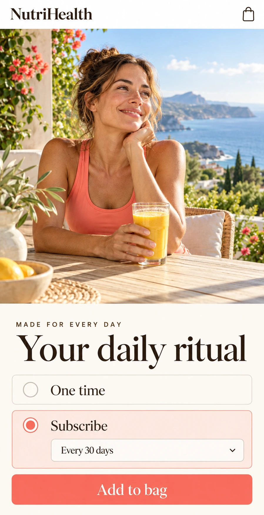 Illustrated NutriHealth storefront: coastal wellness lifestyle scene with one-time and recurring delivery choices