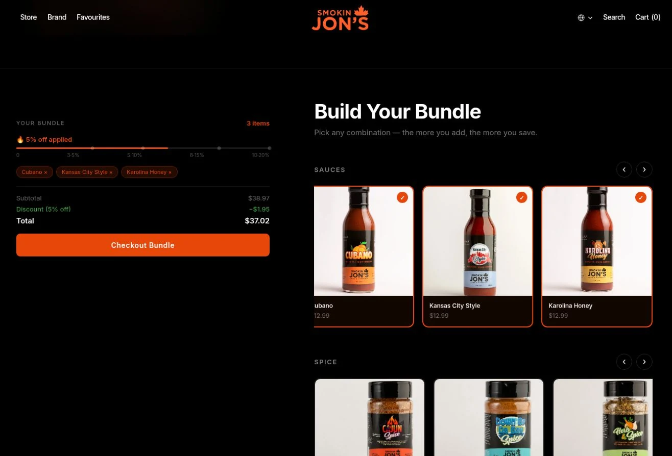 Smokin Jon’s bundle builder with a selected sauce, bundle progress and updated order total