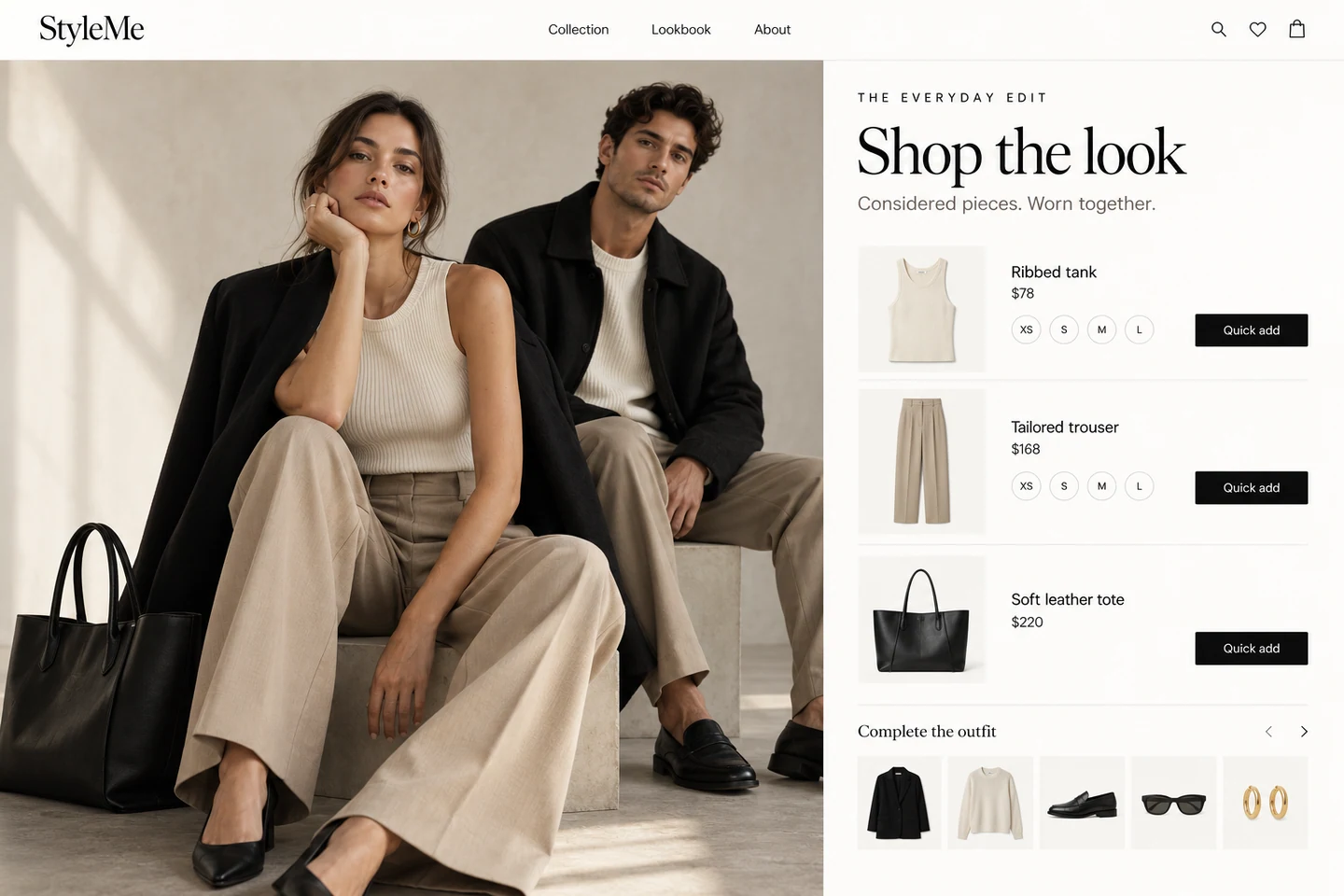 Concept visualization for StyleMe: fashion lookbook with models, coordinated products and quick-add shopping controls