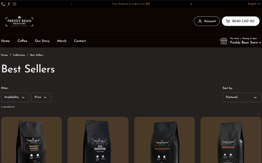 Best Sellers collection page under a free shipping banner, with availability and price filters and four bag tiles