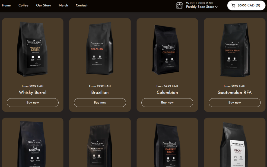 Product grid of coffee bag tiles, each with From $9.99 CAD pricing and a Buy now button under the name