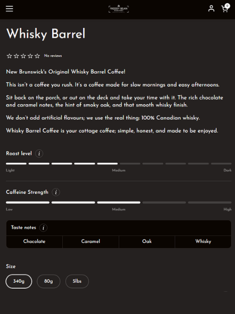 Whisky Barrel product page with roast level and caffeine strength sliders, taste note chips and 340g size options
