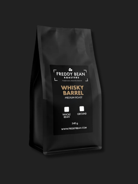Freddybean Roasters Whisky Barrel bag in matte black, label with whole bean and ground tick boxes and 340 g