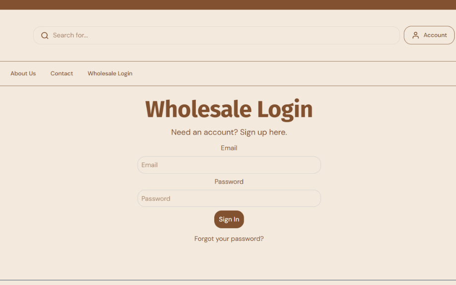 Wholesale Login page with email and password fields, a Sign In button and a sign up link below the site nav
