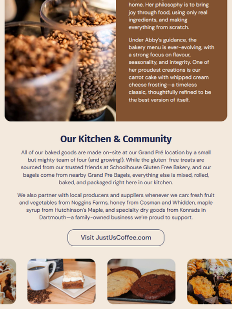 Catering site section headed Our Kitchen & Community, with a coffee grinder hopper photo and a row of baked goods