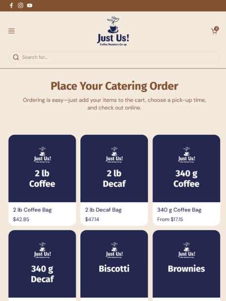 Mobile catering page headed Place Your Catering Order above navy product cards for coffee bags, biscotti and brownies