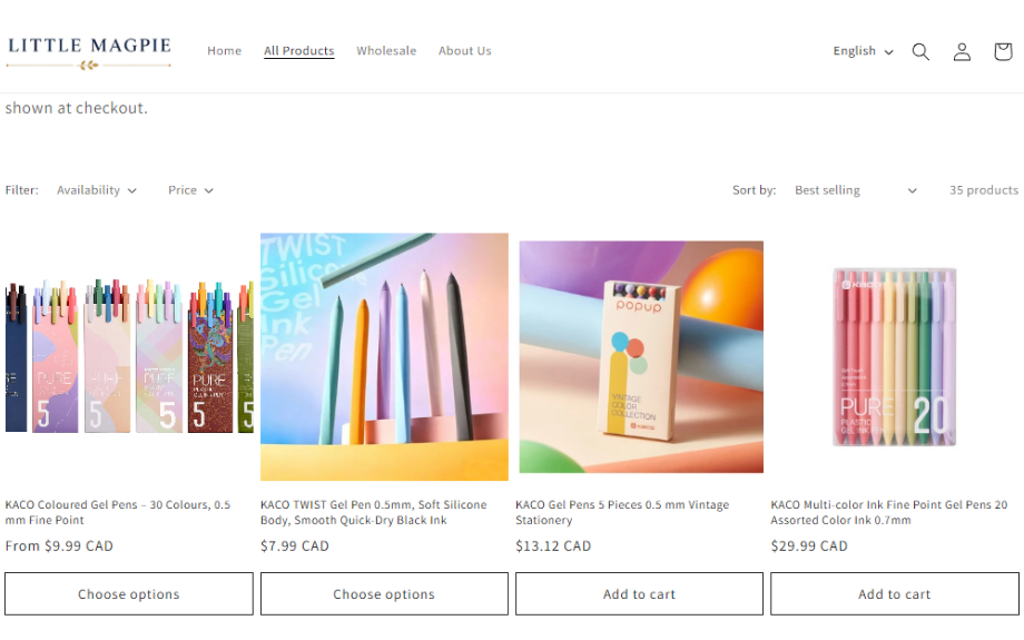 All Products grid with the Wholesale nav link and English language switcher in the header, 35 products listed