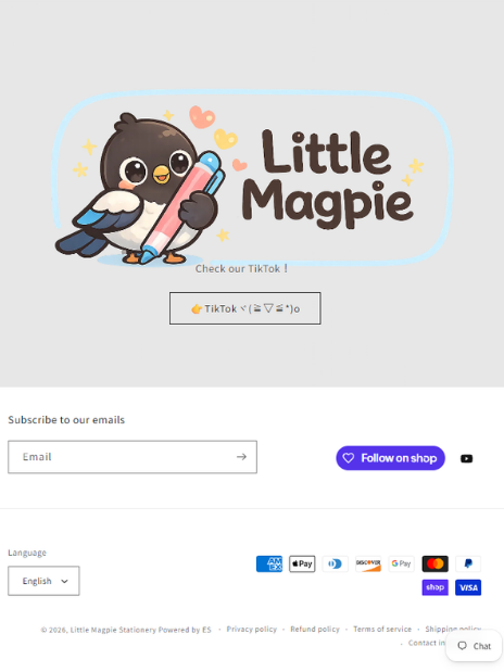 Little Magpie footer with the magpie mascot logo, email signup and the English language selector above payment icons