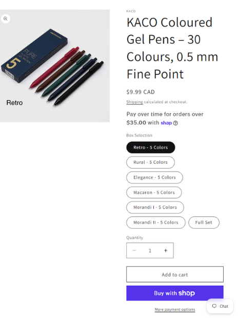 Gel pen product page with seven box colour options as buttons, Retro selected, above quantity and Add to cart