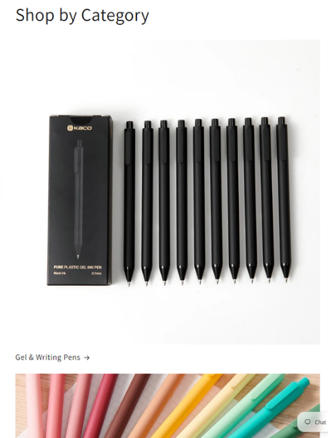 Shop by Category section with a row of black gel pens linking through to the Gel and Writing Pens collection