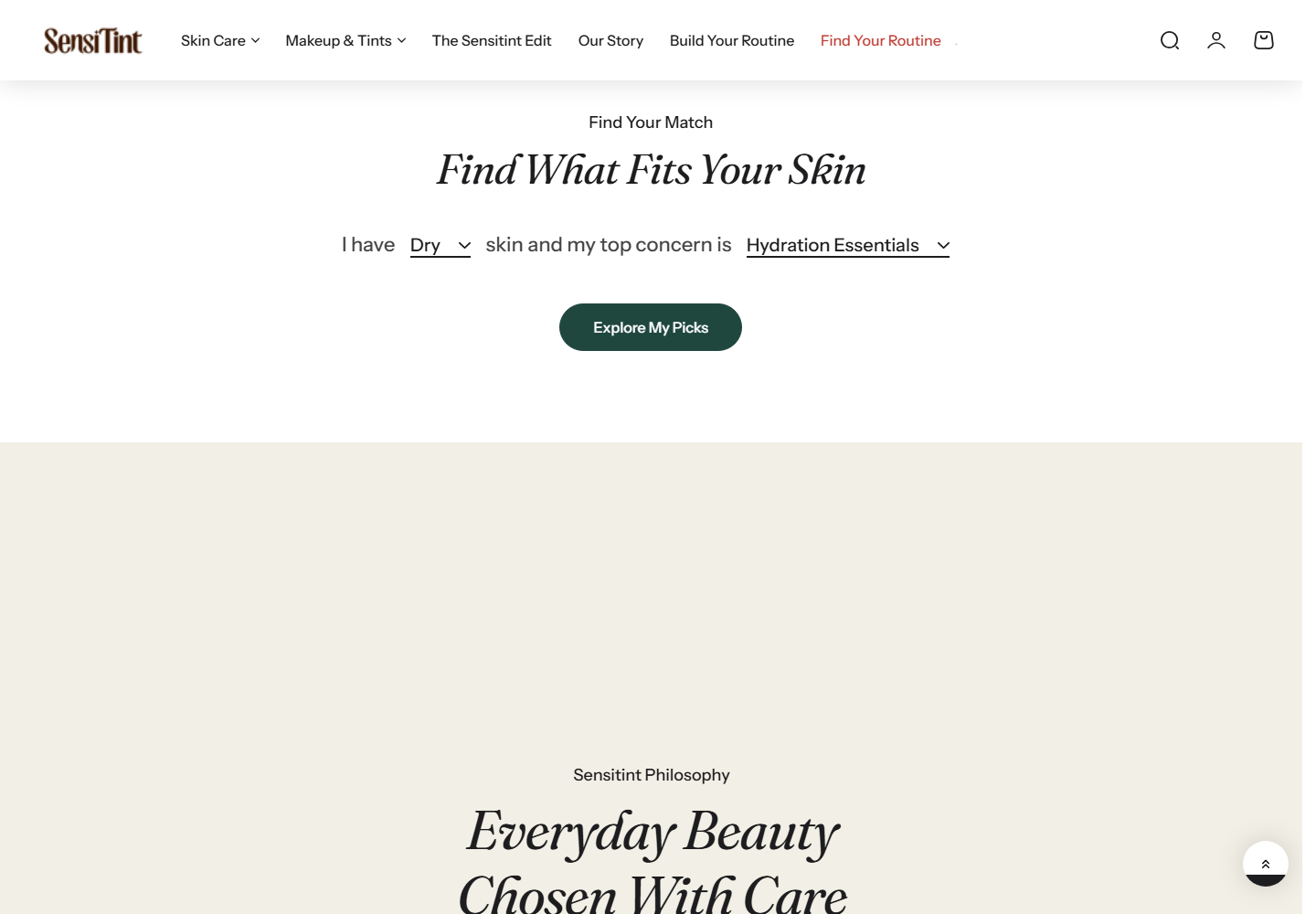 Find What Fits Your Skin picker, choosing a skin type and a top concern to return a shortlist