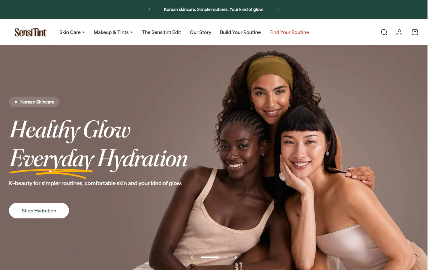 Sensitint home page hero reading Healthy Glow Everyday Hydration above a Shop Hydration button