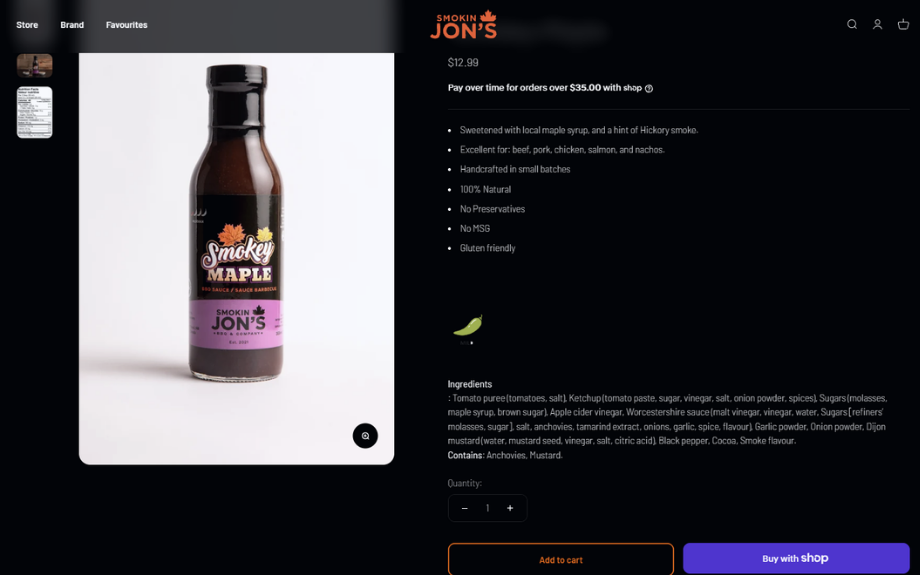 Smokey Maple sauce product page with ingredients, quantity stepper and Add to cart beside Buy with Shop