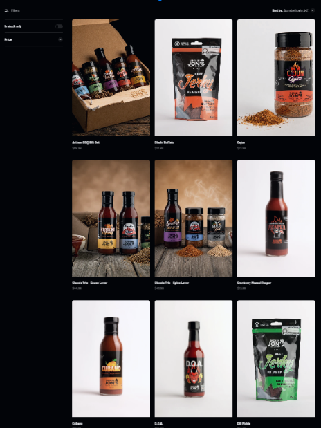 Shop page grid of sauce bottles, spice jars and jerky pouches with in-stock and price filters in the sidebar