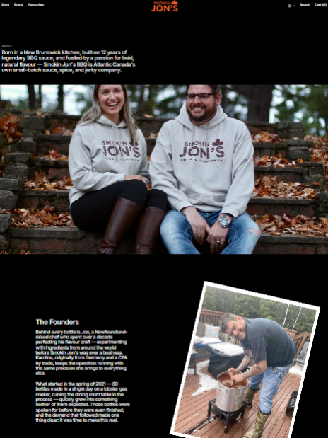 About page pairing the founders in branded hoodies on autumn steps with a tilted shot of outdoor cooking