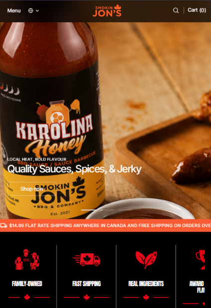 Smokin Jon's home page with the Karolina Honey bottle filling the hero above a flat rate shipping bar
